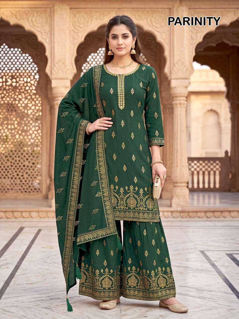 PARINITI 14KG RAYON WITH FOIL PRINT KURTI SHARARA SUIT FOR SHADI FESTIVAL TYPE CLOTHING 